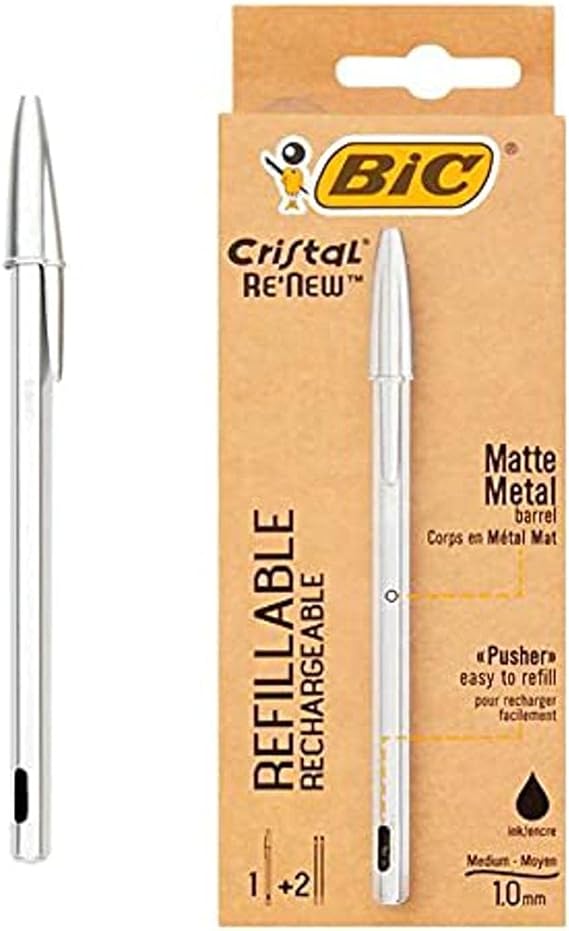 BIC RECHARGEABLE BALLPOINT PEN RECHARGEABLE METAL CRYSTAL RE-NEW 1 MM BLACK WITH 2 REFILLS