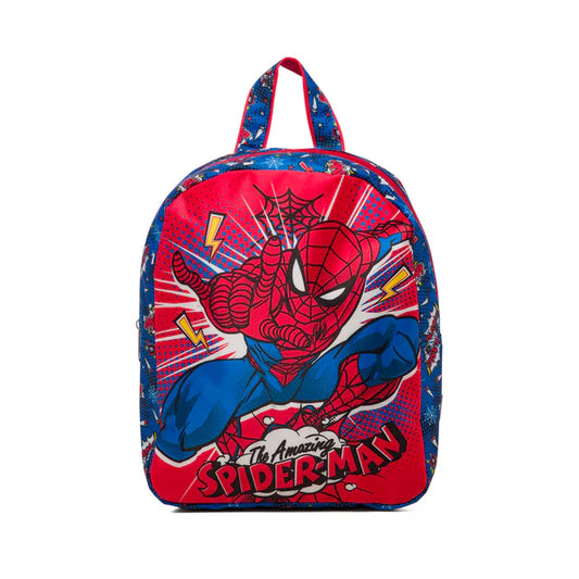 Small red and blue school backpack with Spiderman print